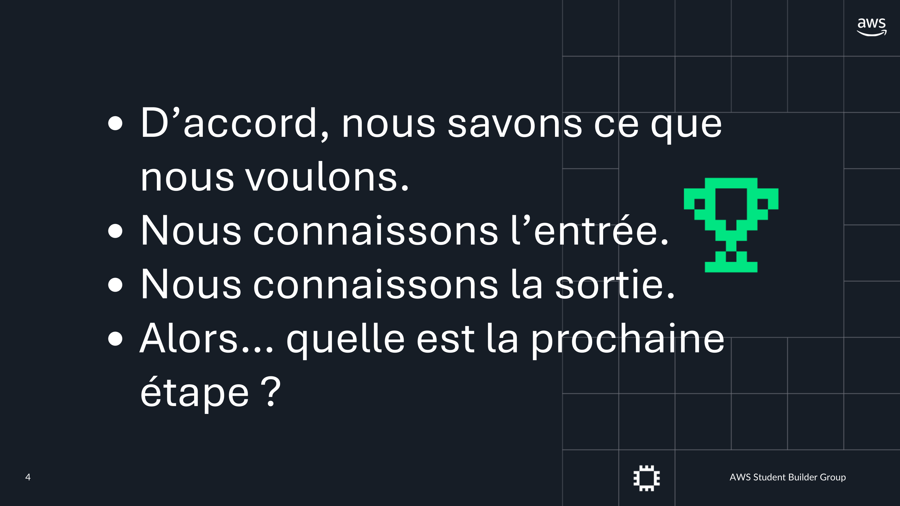 Nous connaissons l'entrée, nous connaissons la sortie. Alors... quelle est la prochaine étape?