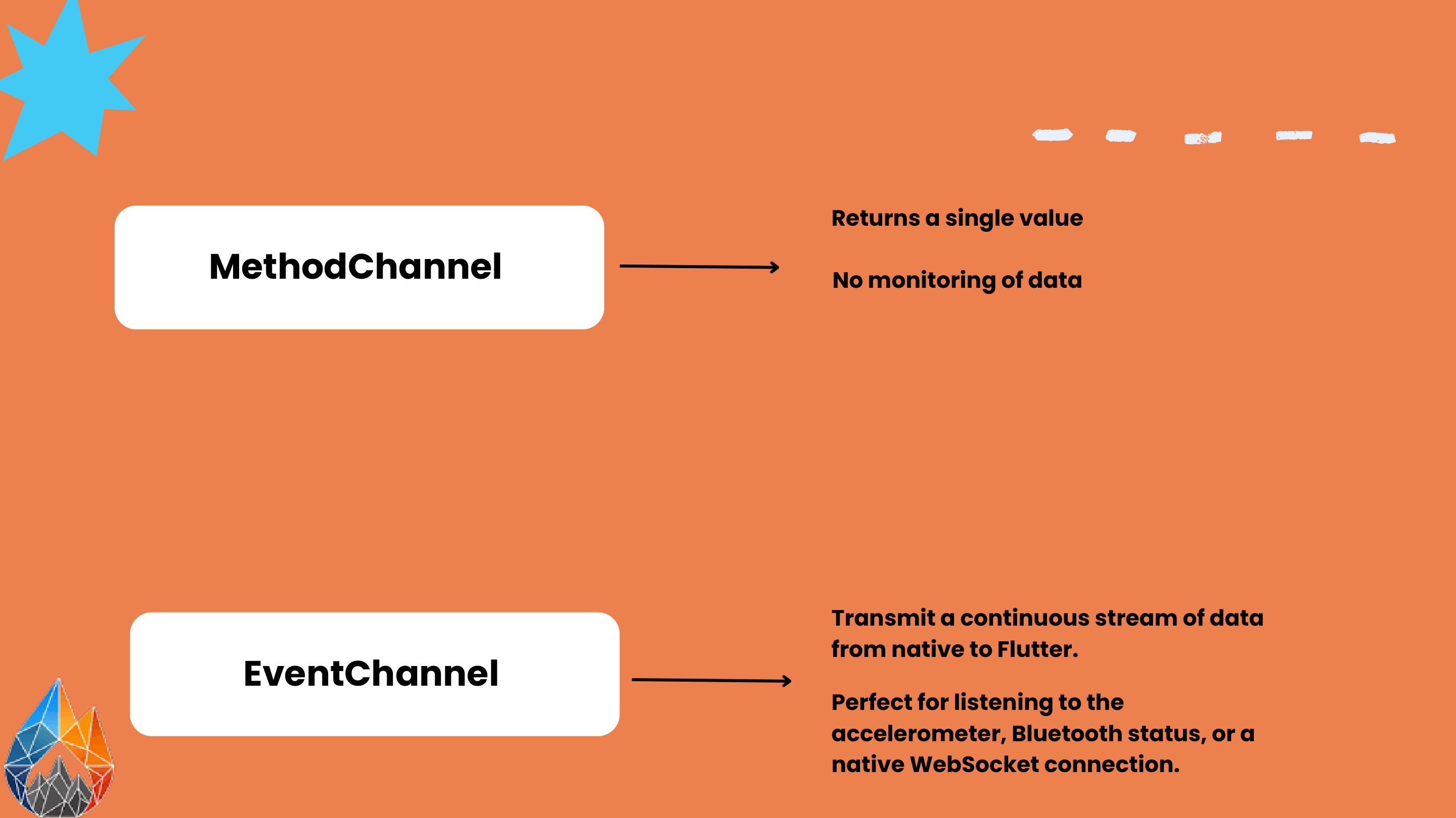 MethodChannel returns a single value vs EventChannel transmits continuous streams